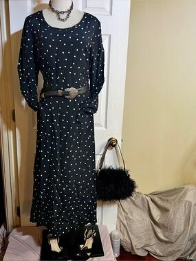 Ulla Popken Wms Black White Heart Print Kitschy Whimsy Pleated Modest Dress L/XL